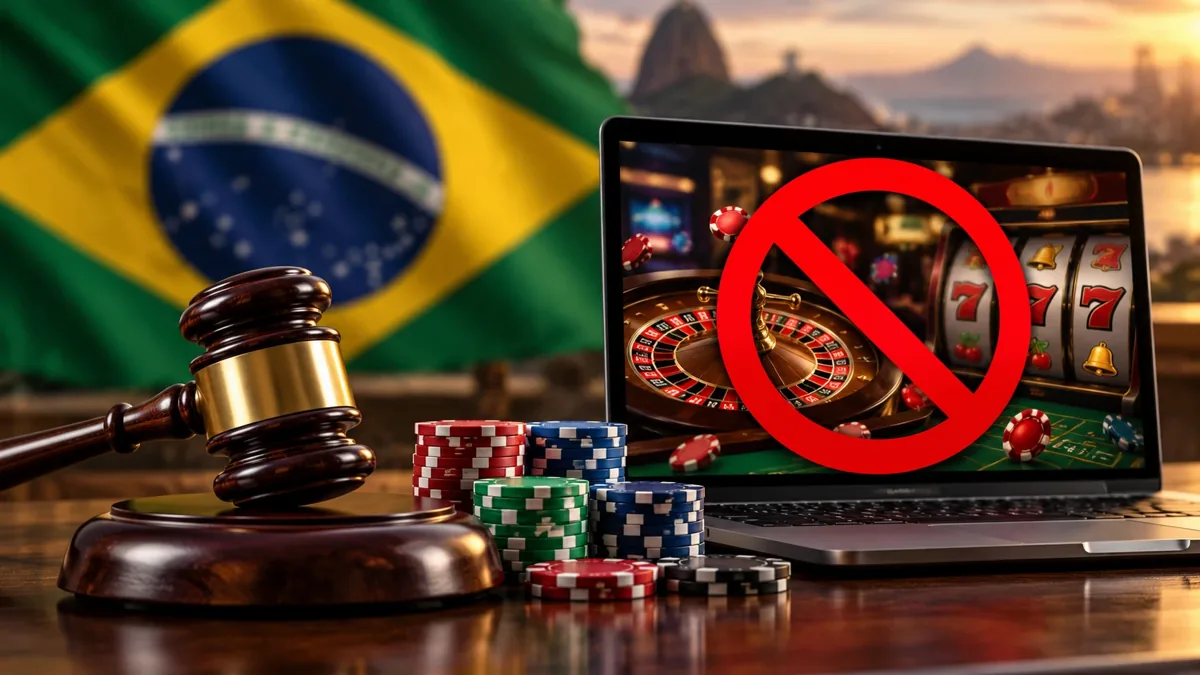 Martelo de juiz, fichas de cassino e notebook com roleta e caça-níqueis sob sinal de proibição